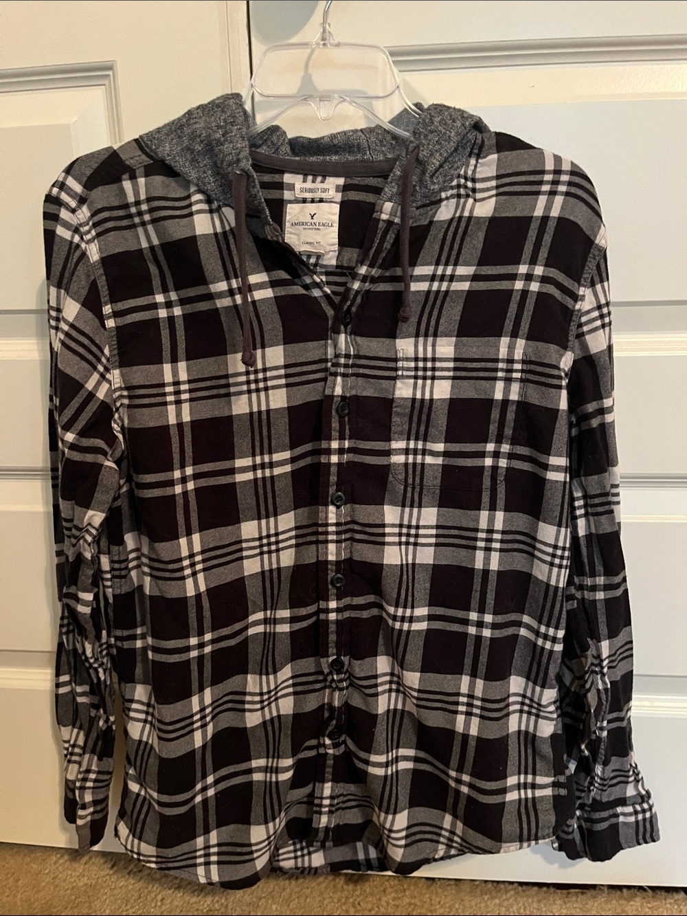 American Eagle Outfitters Black & White Plaid Hooded Button-Up‎ Shirt